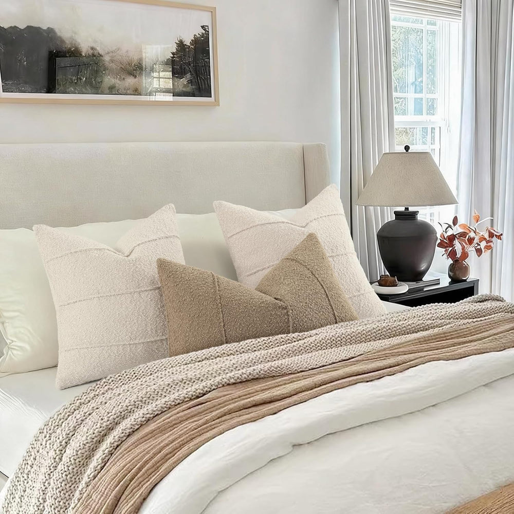 YCOLL Textured Boucle Throw Pillow Covers 22x22 Pack of 2 - Soft Neutral Stri...