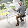 Height Adjustable Drafting Table Desk w/Stool, Tempered Glass Top