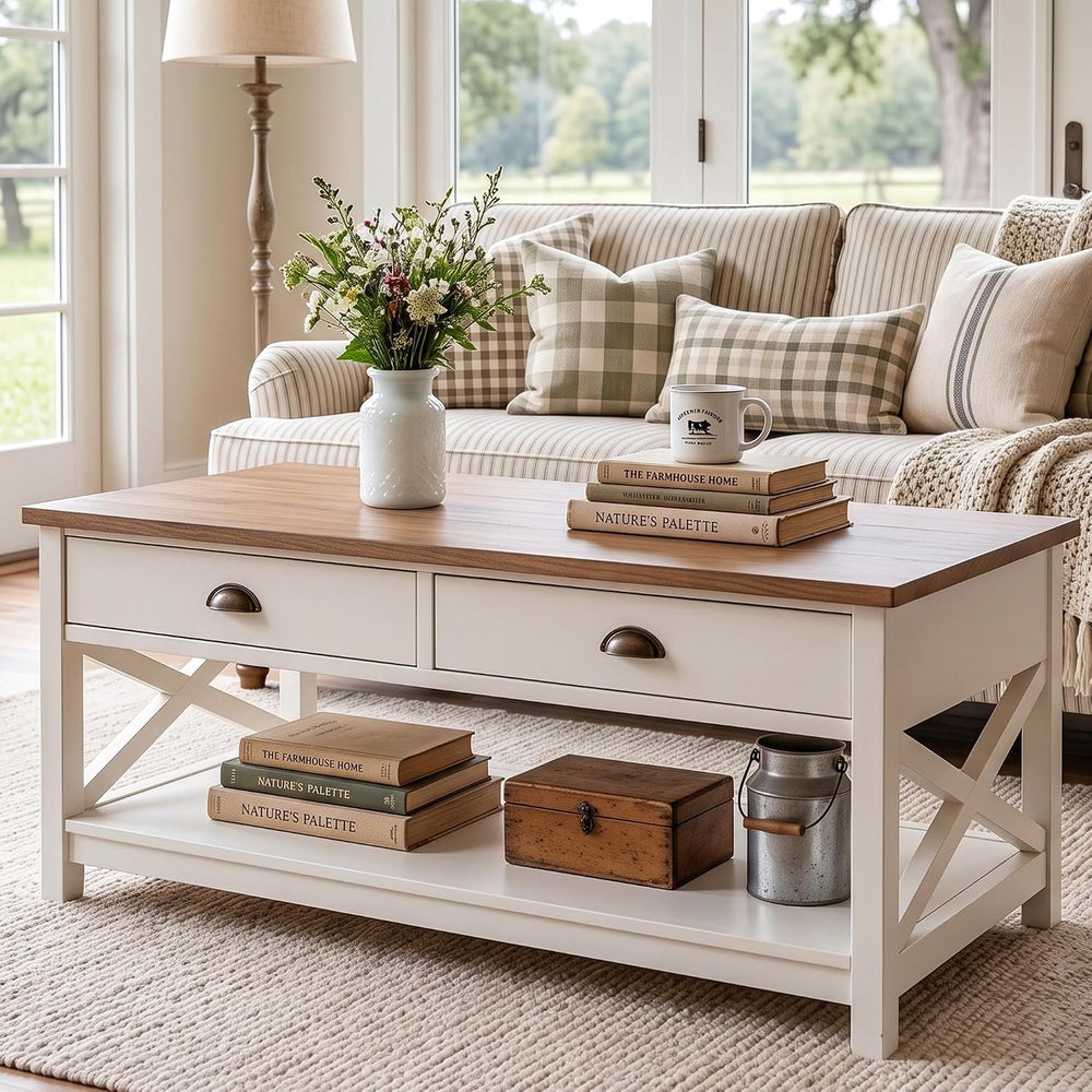 Sophia & William Farmhouse Coffee Table for Living Room with Drawers, White