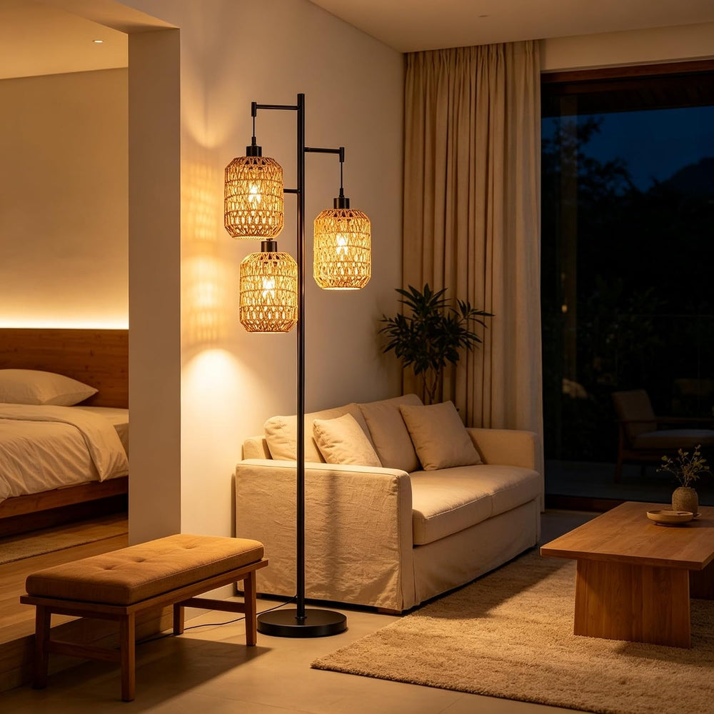 QIYIZM Floor Lamp for Living Room,Bedroom,3-Lights Boho Rattan Tree Floor Lig...