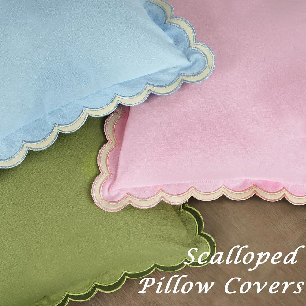 Scalloped Throw Pillow Covers Set of 2, 18x18 Inch Double Stitch Decorative C...