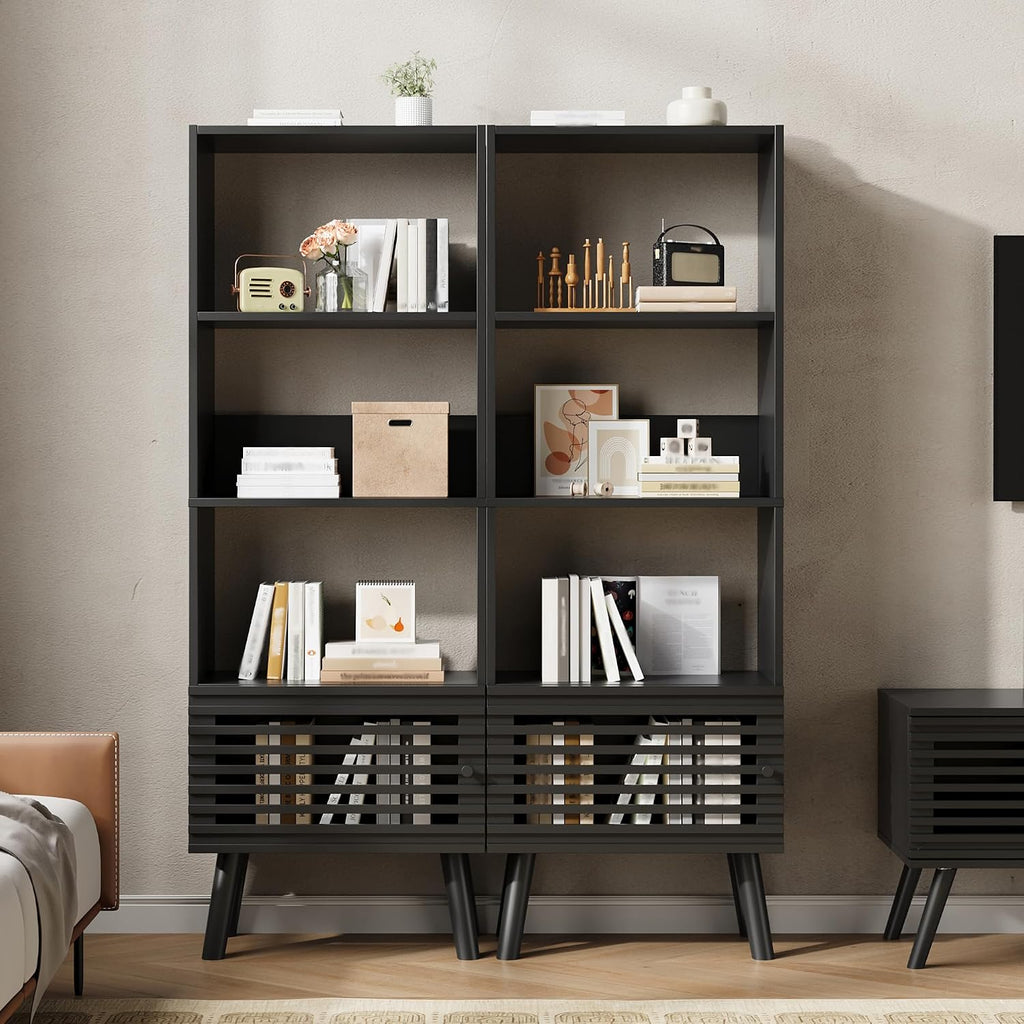 Furnify 4-Tier Narrow Bookcase with Open Shelf and Slatted Door, Black