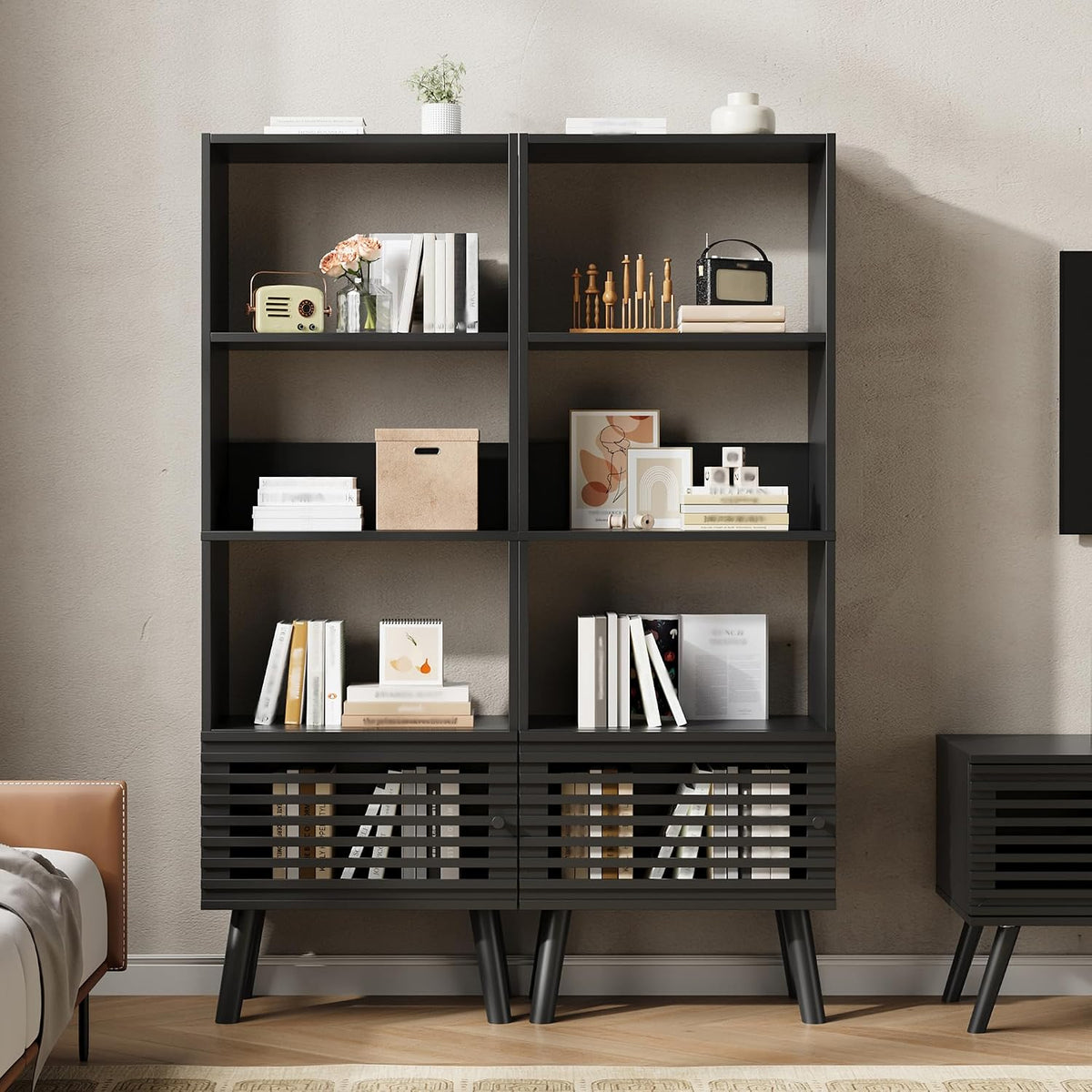 Furnify 4-Tier Narrow Bookcase with Open Shelf and Slatted Door, Black
