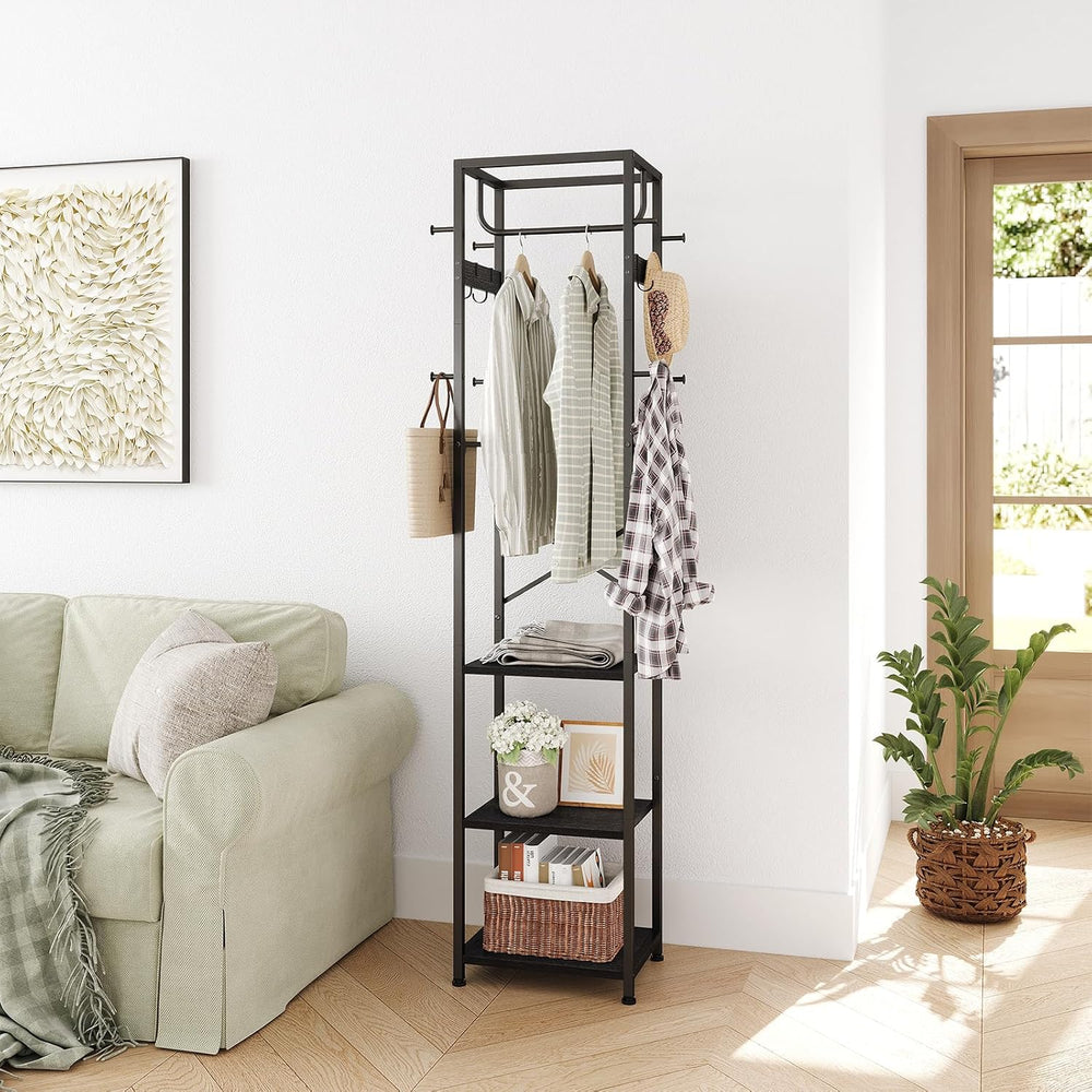 ELYKEN Coat Rack Freestanding, Hall Tree with 3 Shelves and 12 Hooks, Black