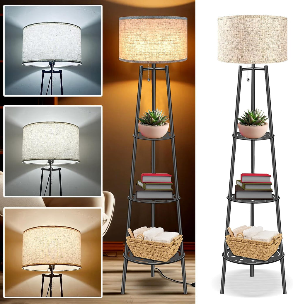 Floor Lamp with Shelves, Beige Shade Standing Lamp