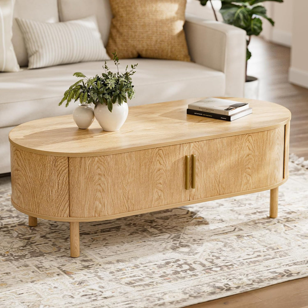 ZttRiee Oval Coffee Table with Sliding Doors, Modern, Natural