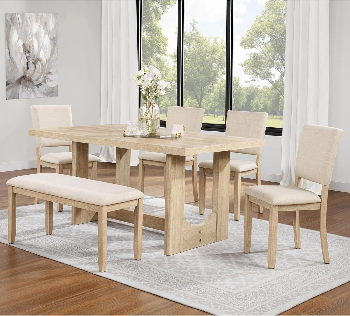 Merax Farmhouse Rectangular Dining Table with U-Shaped Base, 4 Upholstered Chairs and Bench for Kitchen Living Room, Light Oak+Beige (6 Piece)