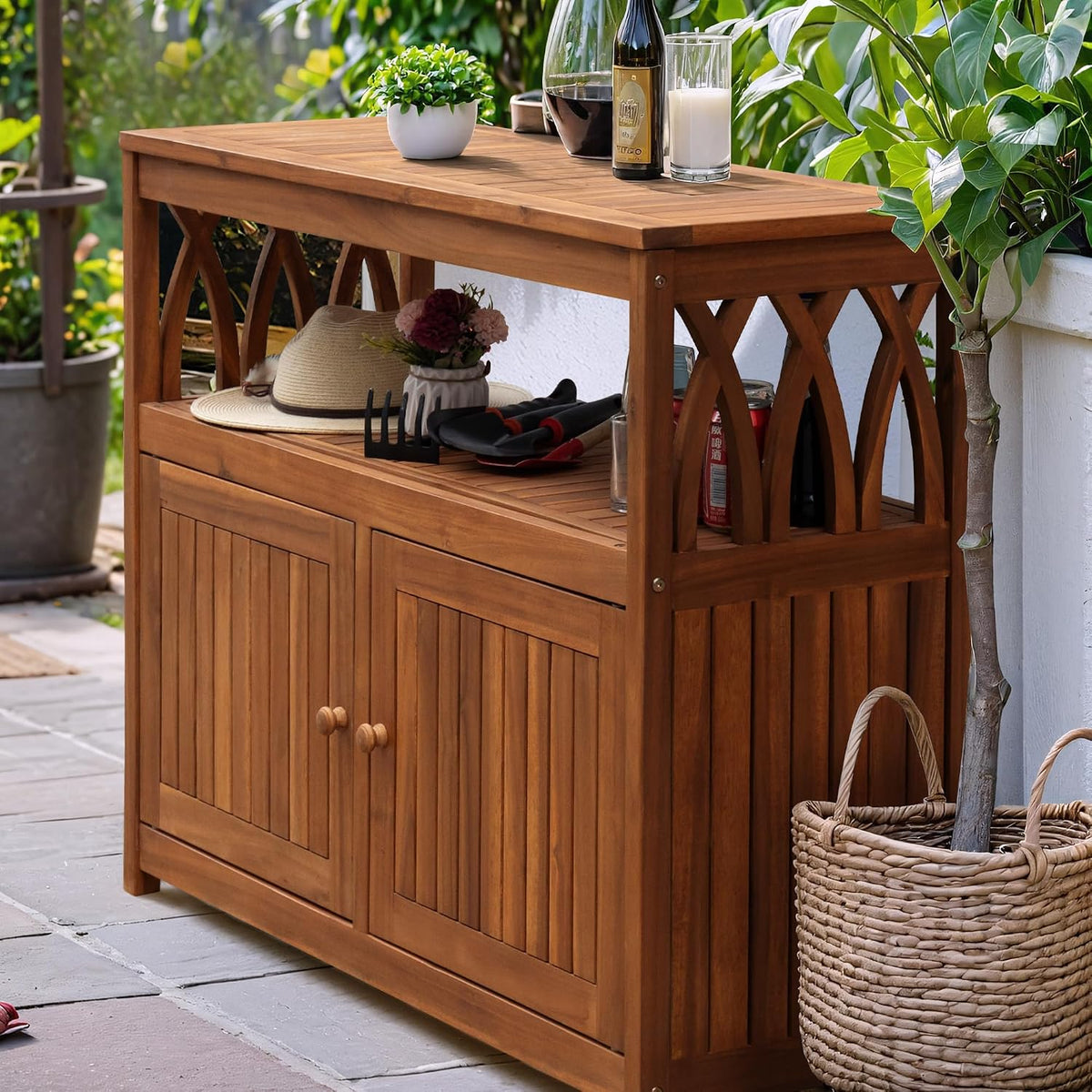 Flamaker Acacia Wood Outdoor Storage Cabinet,Waterproof Potting Table,Brown