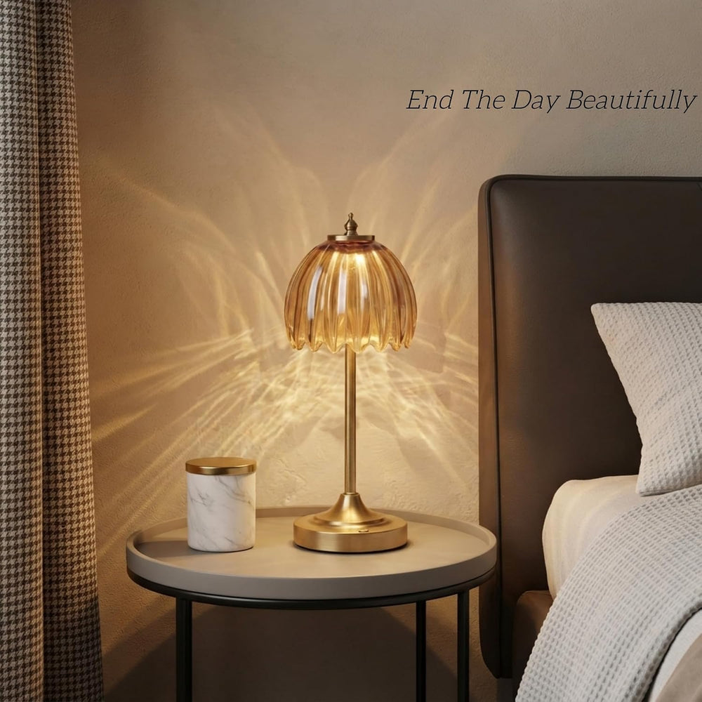 Tulip Glass Rechargeable Table Lamp, Floral Cordless Table Light(Amber)