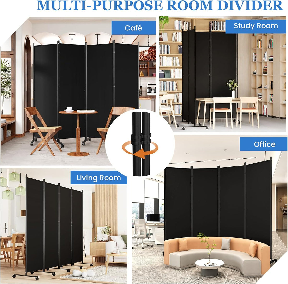 SUNALLY Room Divider Privacy Screens, 4 Panels Dividers with Wheels, Black