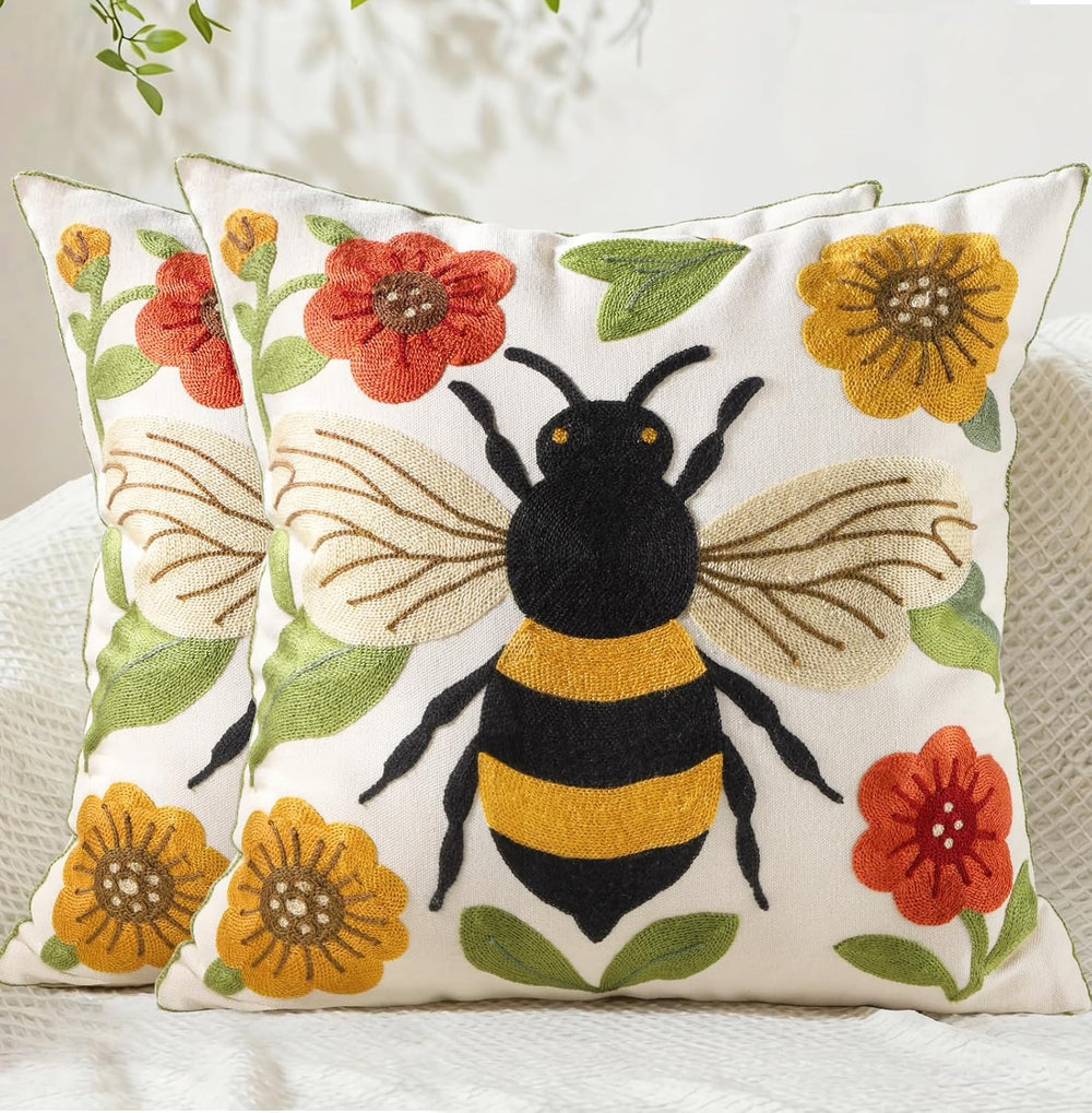 Animal Embroidered Throw Pillow Covers 18x18 Inch, Bee Floral