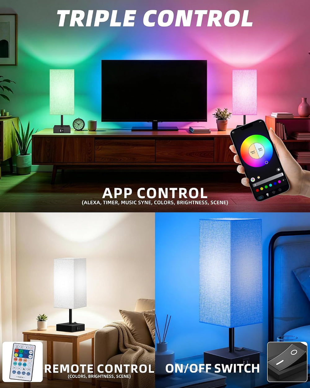 Set of 2 Smart RGB Dimmable Table Lamp Compatible with Alexa&APP&Remo...