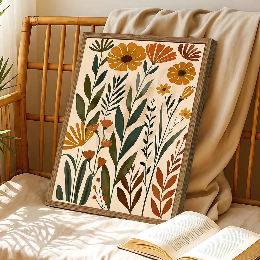 Framed Boho Floral 3 Piece Wall Art,Mid Century Modern Abstract Flower Pictur...
