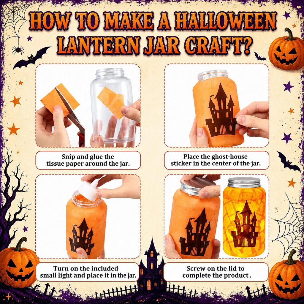 Qinyoung 12 Pcs Halloween Crafts Haunted House Mason Jars with LED Light