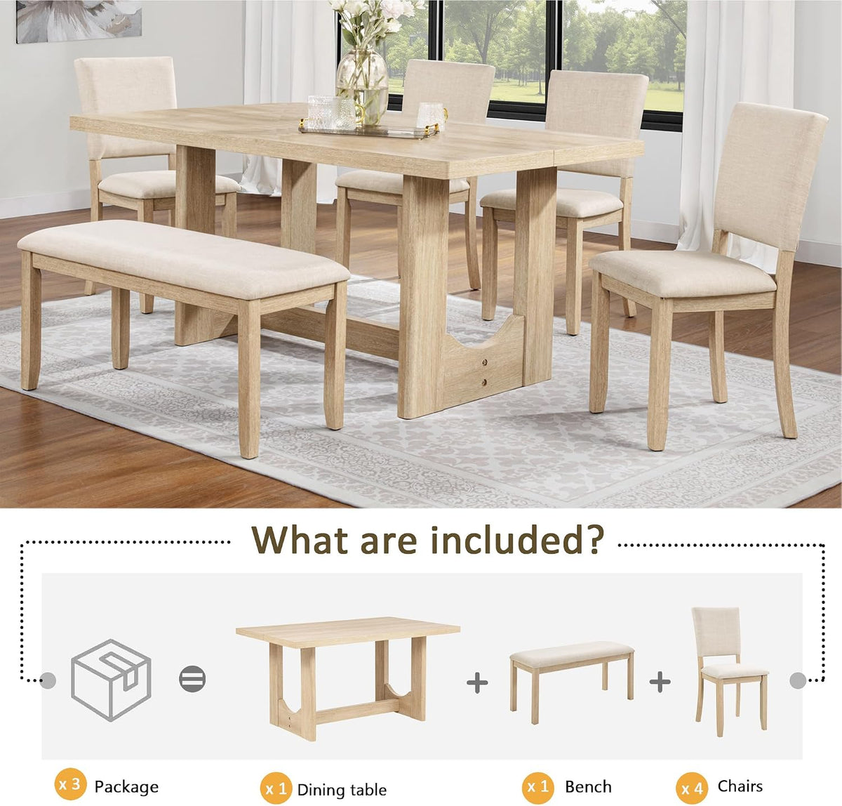 Merax Farmhouse Rectangular Dining Table with U-Shaped Base, 4 Upholstered Chairs and Bench for Kitchen Living Room, Light Oak+Beige (6 Piece)