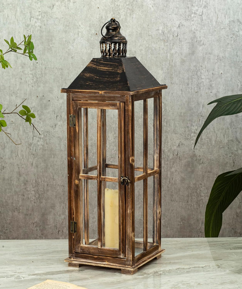 Large Farmhouse Wooden Decorative Lantern Set of 2, Rustic Distressed Brown B...