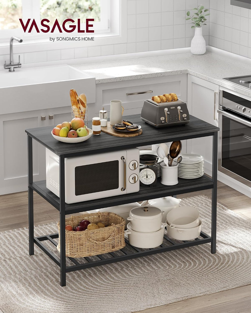 VASAGLE Kitchen Island with 3 Shelves, Storage Cabinet, Steel Structure