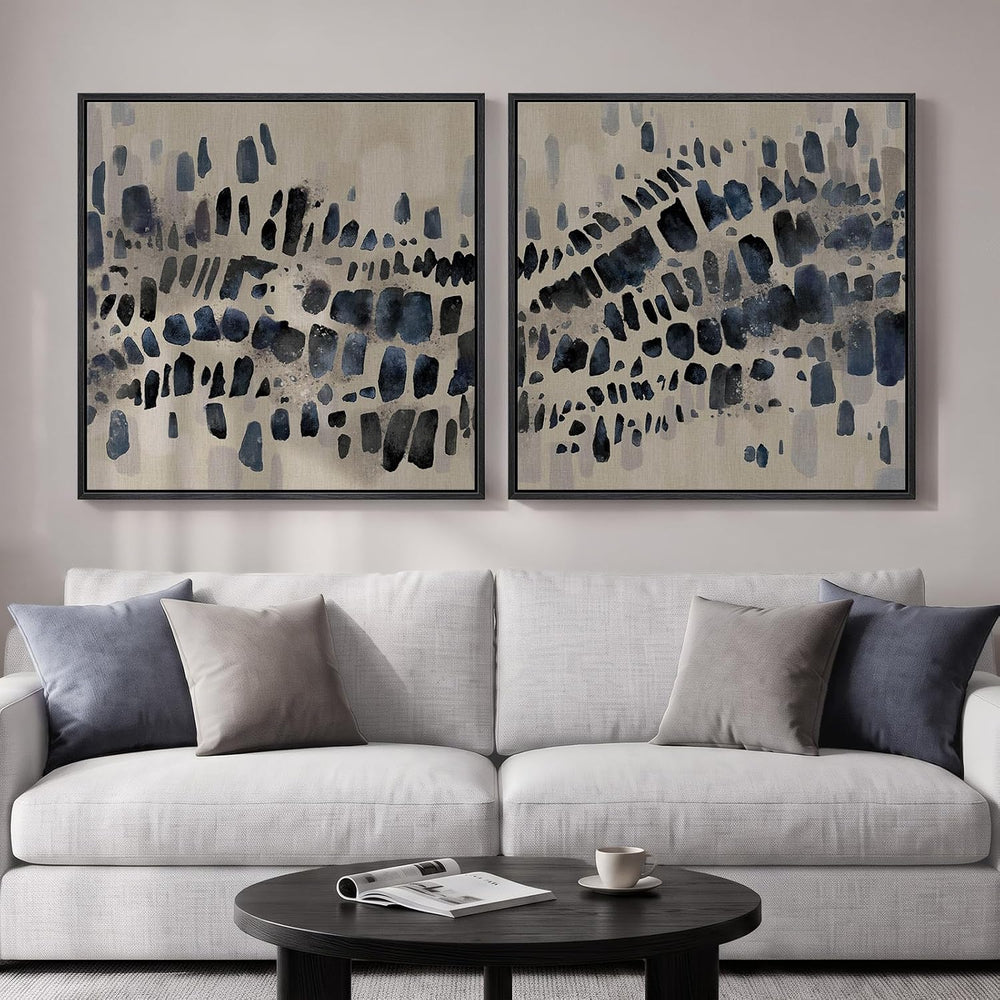 Framed Neutral Navy Blue Abstract Wall Art for Living Room Decor, 2 Piece