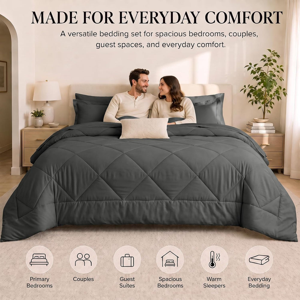 CozyLux King Comforter Set 102"x90" Dark Grey - 7 Piece Bed in a Bag