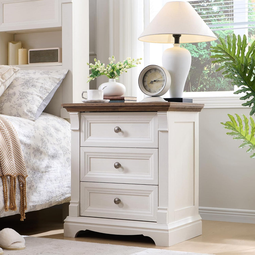 Farmhouse 26" Tall Nightstand with Charging Station 23.6"W Wood Side Table