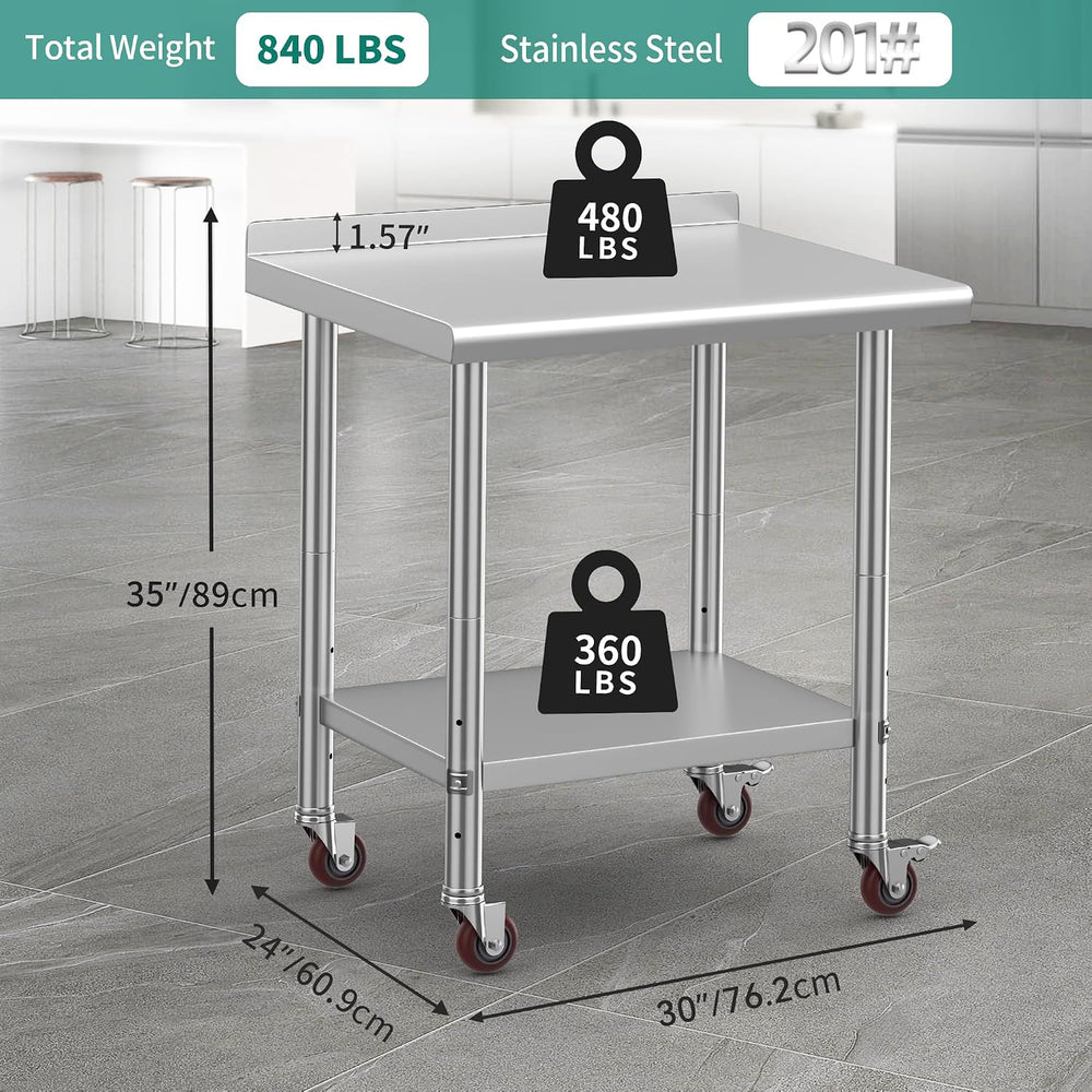 YITAHOME 30" x 24" Stainless Steel Table with Backsplash & Wheels
