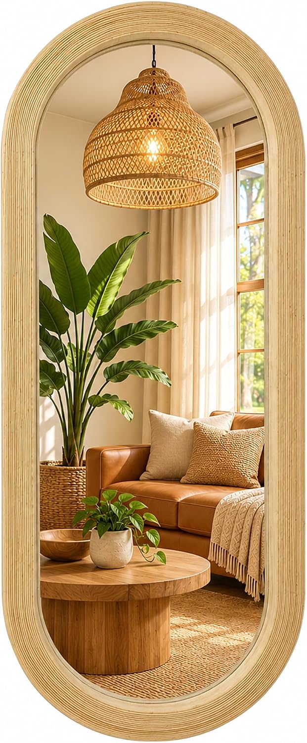 20" x 52" Long Oval Full Length Wall Mirror, Bamboo Strip Frame