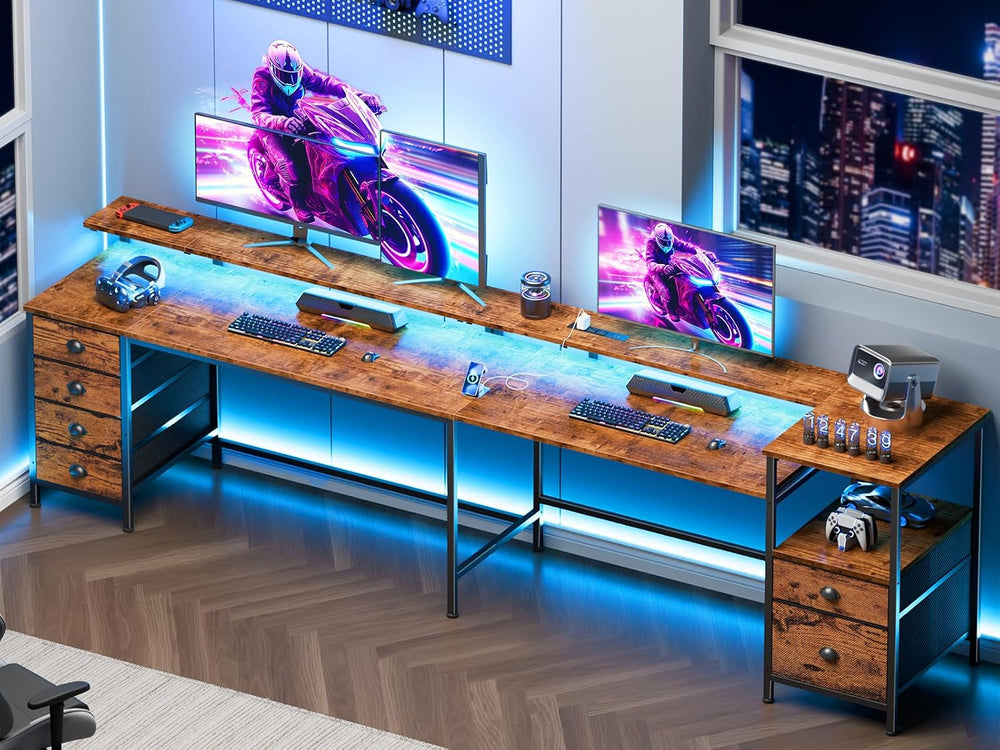 Furologee 95'' Two Person Computer Desk with 6 Drawers, LED, Rustic B...