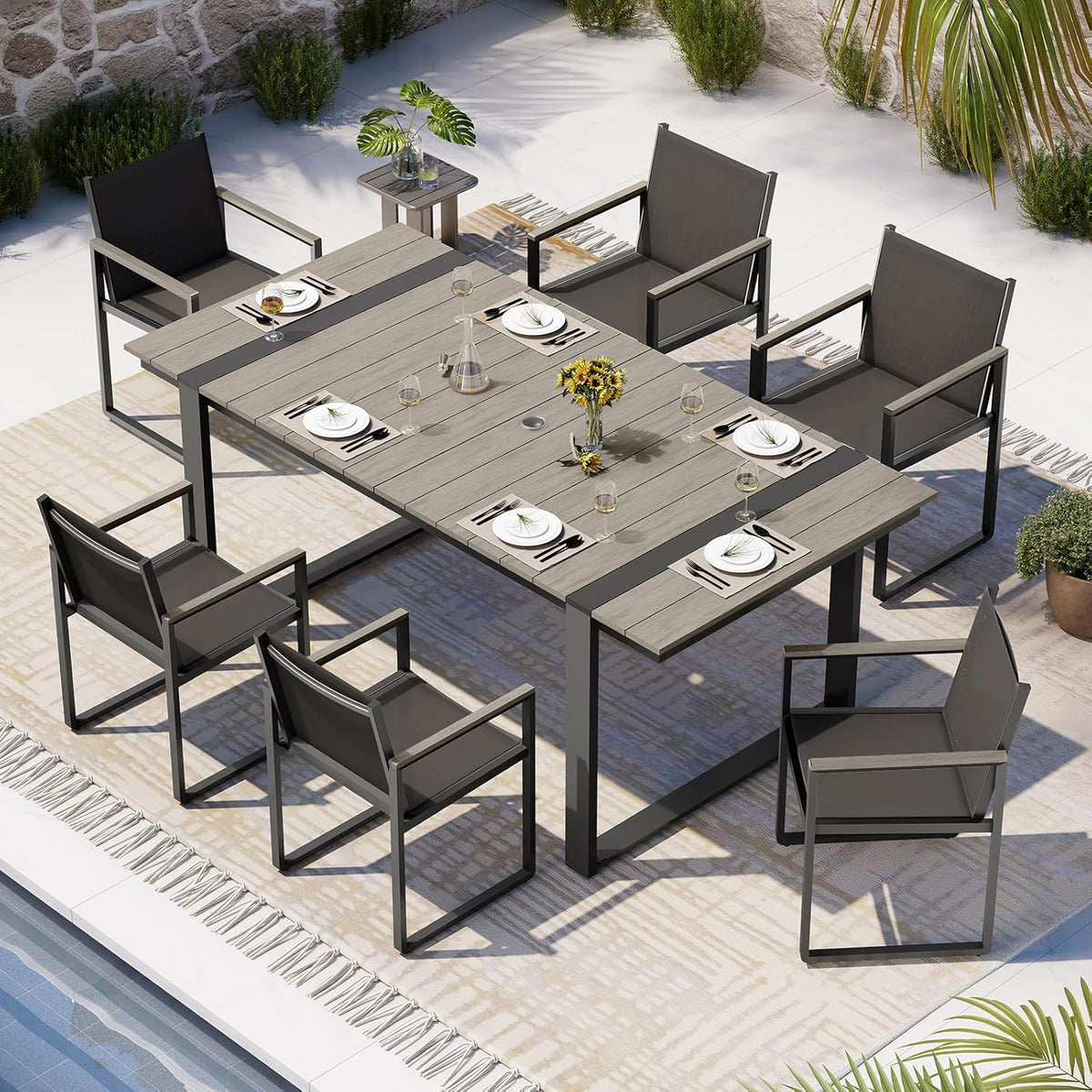 Full Grounded Outdoor Dining Set, Aluminum Patio Table and Chairs