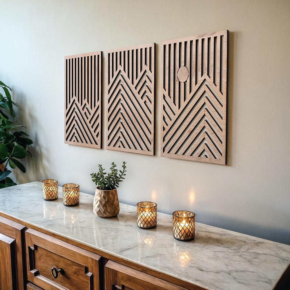 qmmp Modern Wooden Wall Sculptures - Set of 3 - Home Decor Accent - Large Wal...