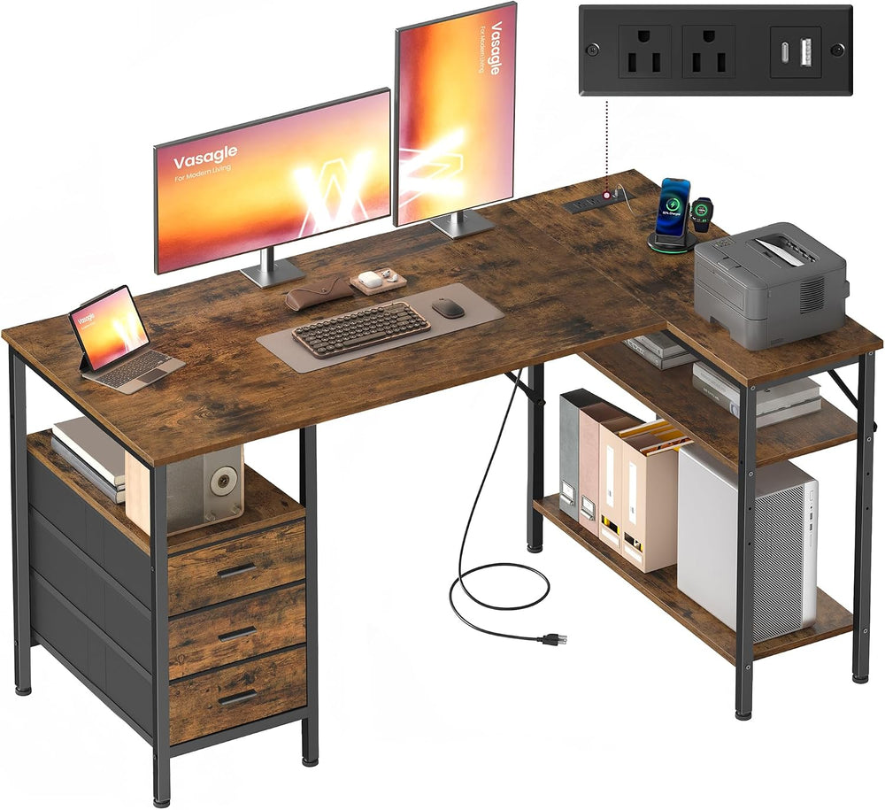 VASAGLE L Shaped Computer Desk with Drawers, Large Gaming Desk with Shelves