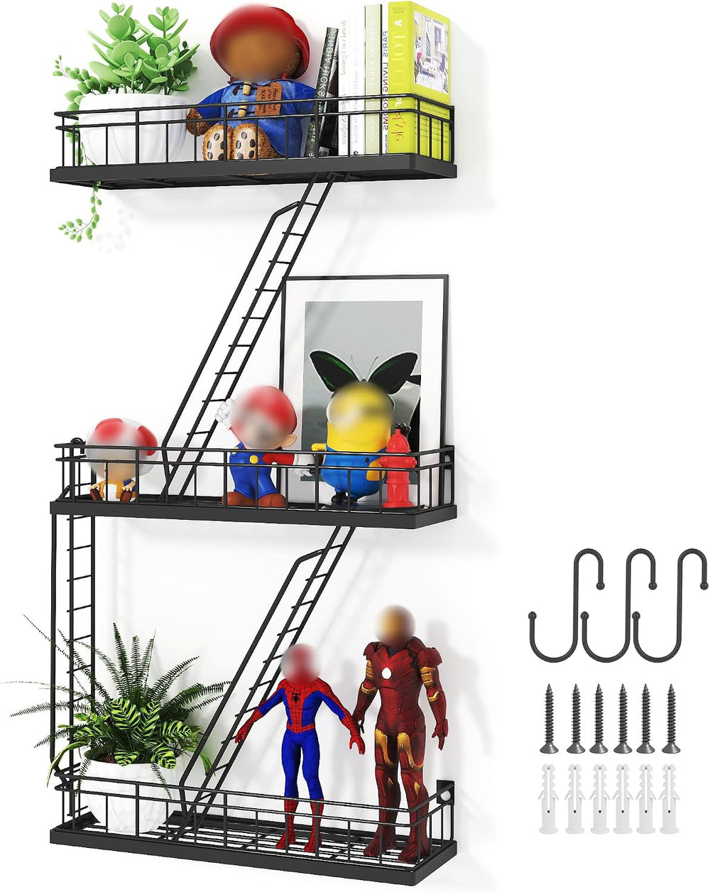 Fire Escape Wall Shelf Black, Fire Escape Ladder 3 Story Shelf Wall Storage, ...