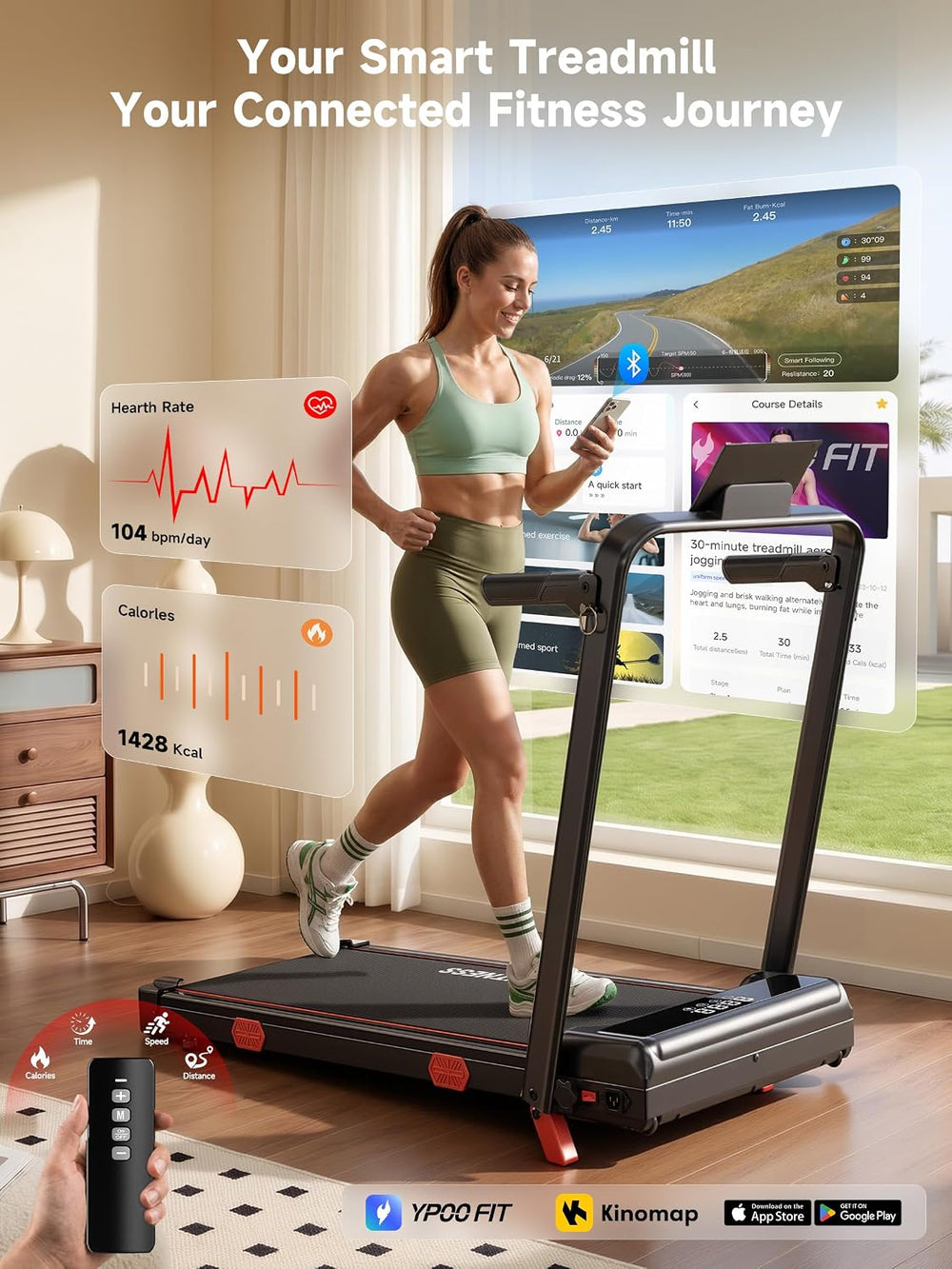 RHYTHM FUN 16% Incline Walking Pad Treadmill with Handles, 6.2MPH, Foldable
