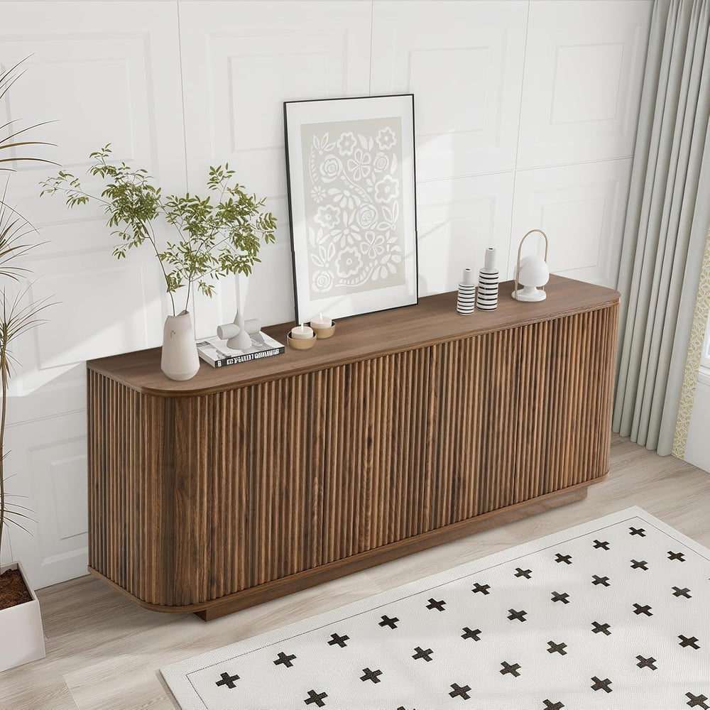 64" Fluted Walnut Sideboard Buffet Cabinet with Storage