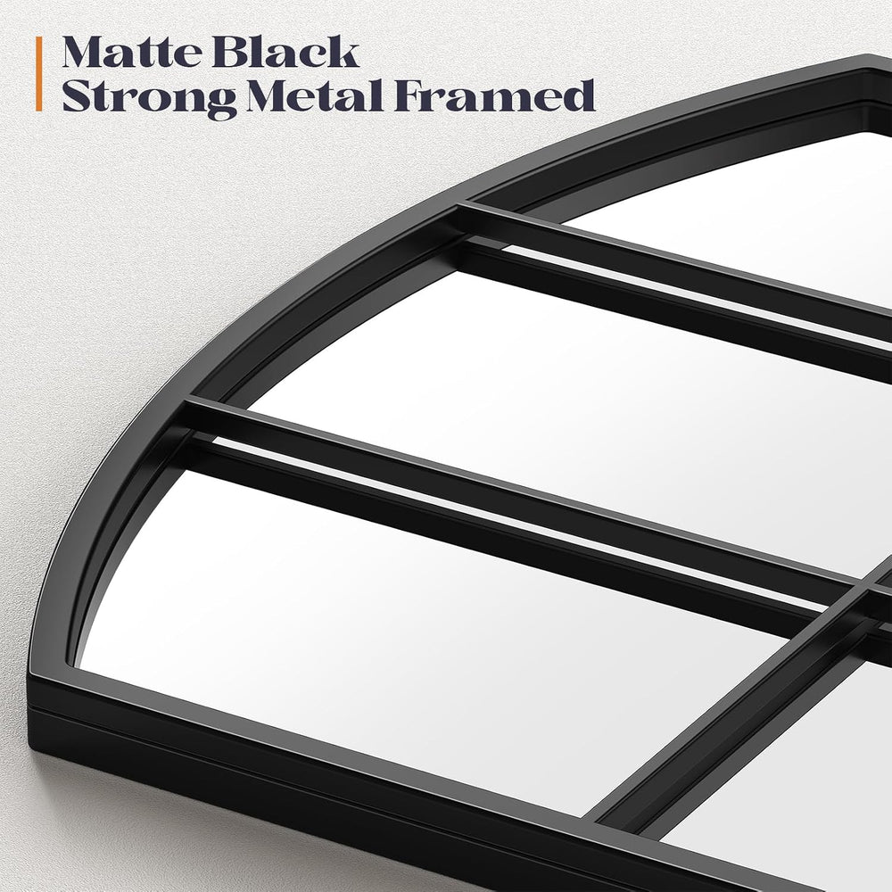 Wide Window Pane Mirror, 44" x 28" Black Arched Mirror for Wall