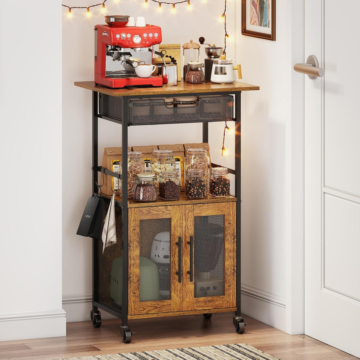 3 Tier Slim Rolling Coffee Cart with 2-Door & Pull-Out Wire Basket Drawer, Coffee Bar Cabinet on Lockable Casters, 32.7" H Microwave Cart with Storage for Home, Kitchen, Living Room (Rustic Brown)