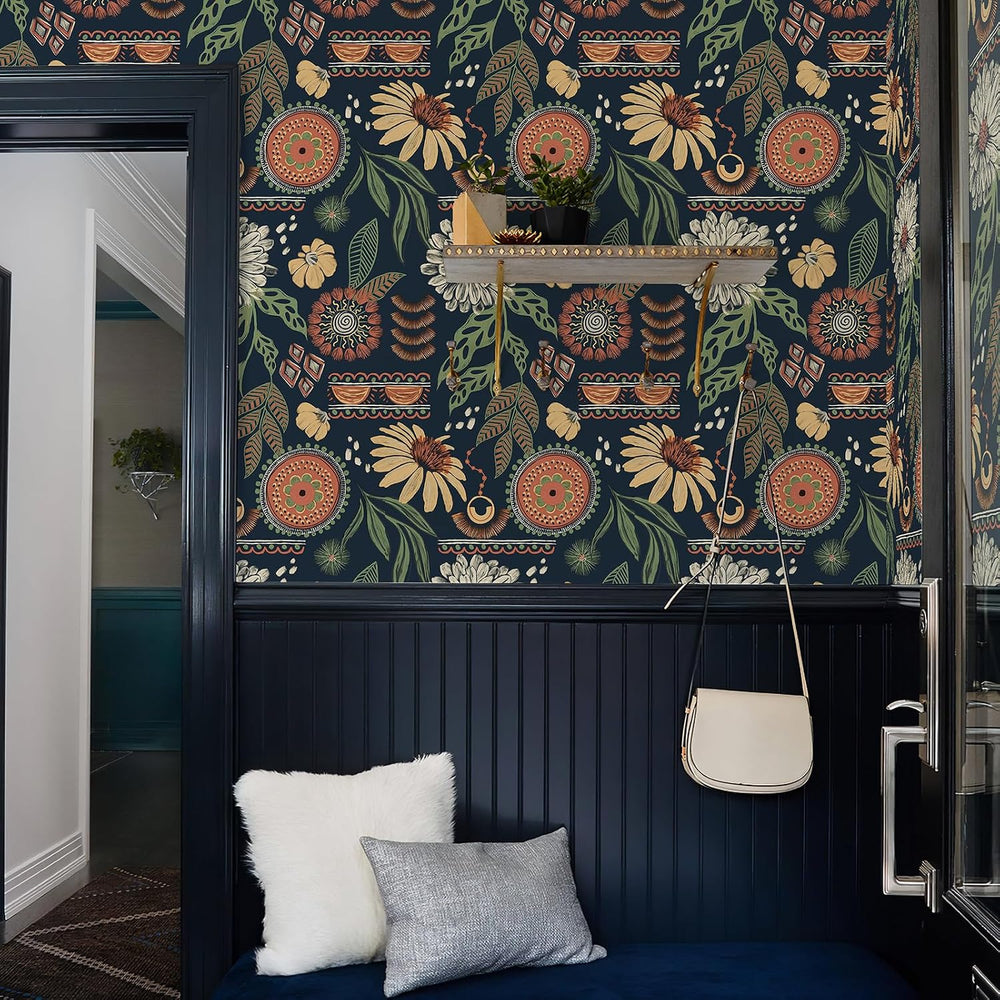Simon&Siff Boho Sun Floral Retro Peel and Stick Wallpaper 17.3" x 80...
