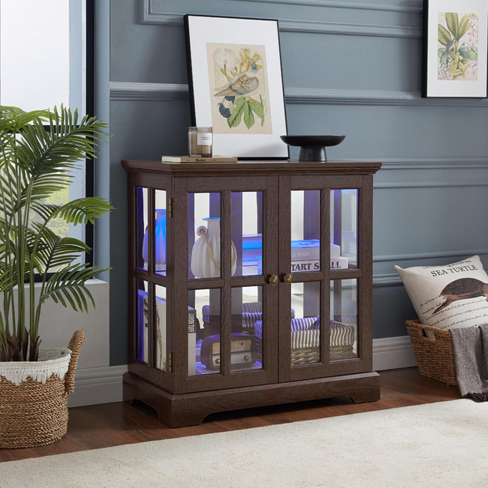 30" Curio Display Cabinet with Glass Doors, LED Light & Shelves