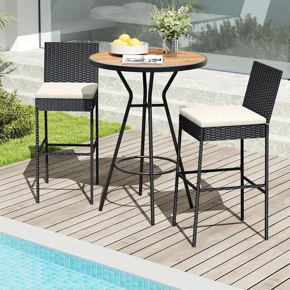 COSTWAY Outdoor Wicker Bar Stools Set of 2 with Cushion and Back Support
