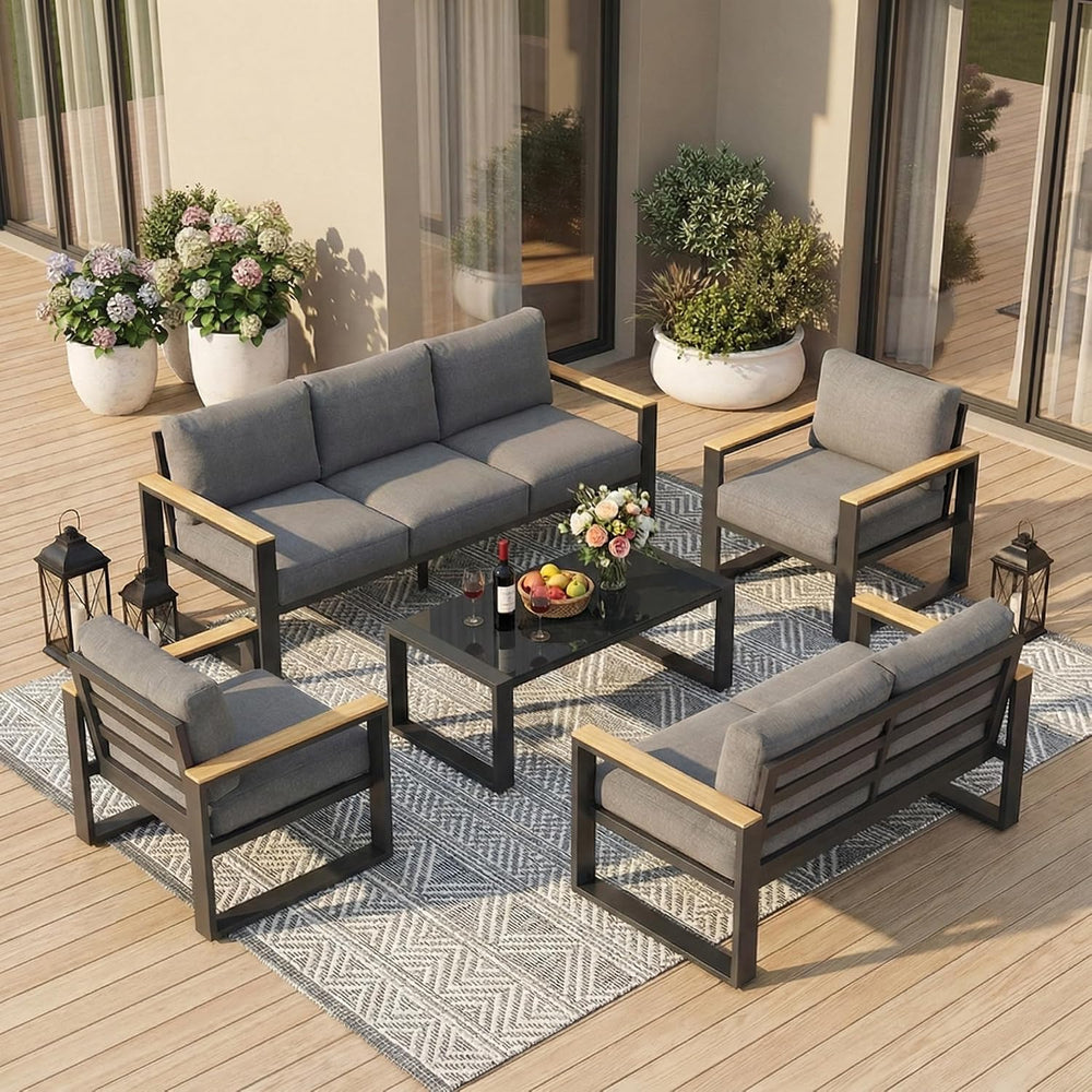 Aluminum Outdoor Patio Furniture Set with Height-adjustable Footrest for Lawn...
