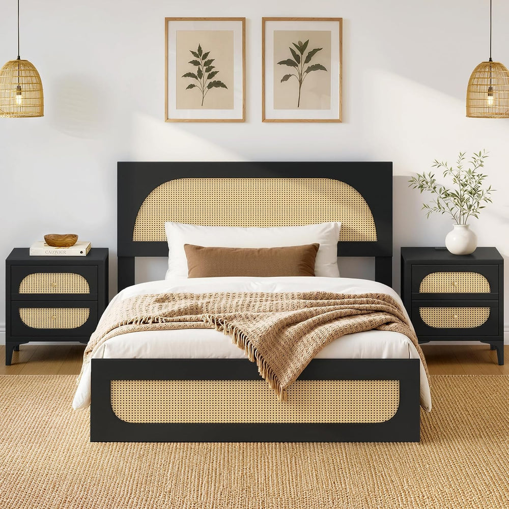 KISLOT Rattan Bed Frame with 2 Nightstands, Boho Platform, Black, Queen