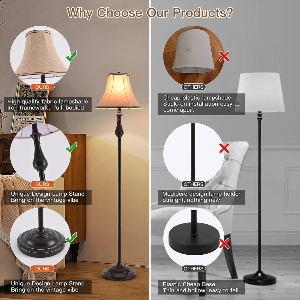Vintage 3-Piece Table and Floor Lamp Sets with Brown Fabric Shades