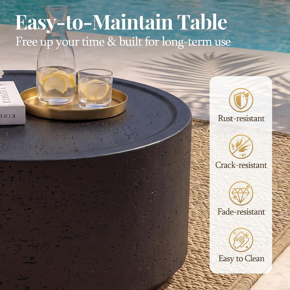 UPHA 28" Round Outdoor Coffee Table, Travertine Look, Black