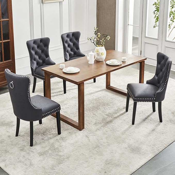 Kiztir Leather Dining Chairs Set of 4, Upholstered Dining Chair with Nailhead Trim and Solid Wood Legs, Luxury Wingback Dining Side Chair for Living Room, Bedroom, Kitchen (Black)
