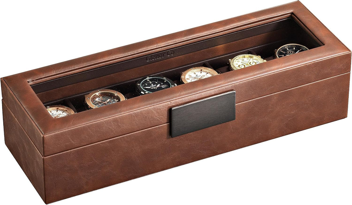 Glenor Co 6 Watch Box for Men - Mens Watch Case w Glass Lid – Luxury Mens Watch Box - Watch Holder for Men w Metal Accents & Sturdy Hinges - Modern & Masculine Watch Display Case Brown