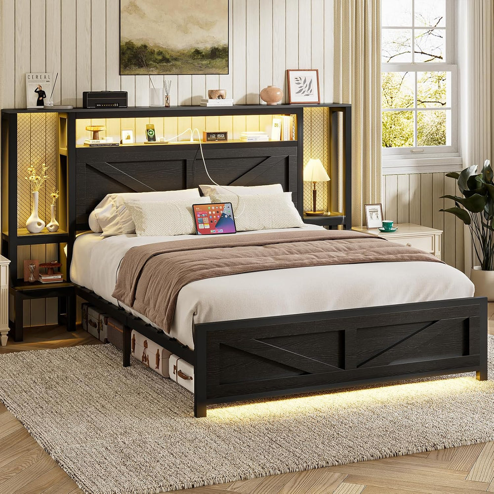 Queen Size Rustic Bed Frame with Storage Born Door Headboard and Bedside Stor...