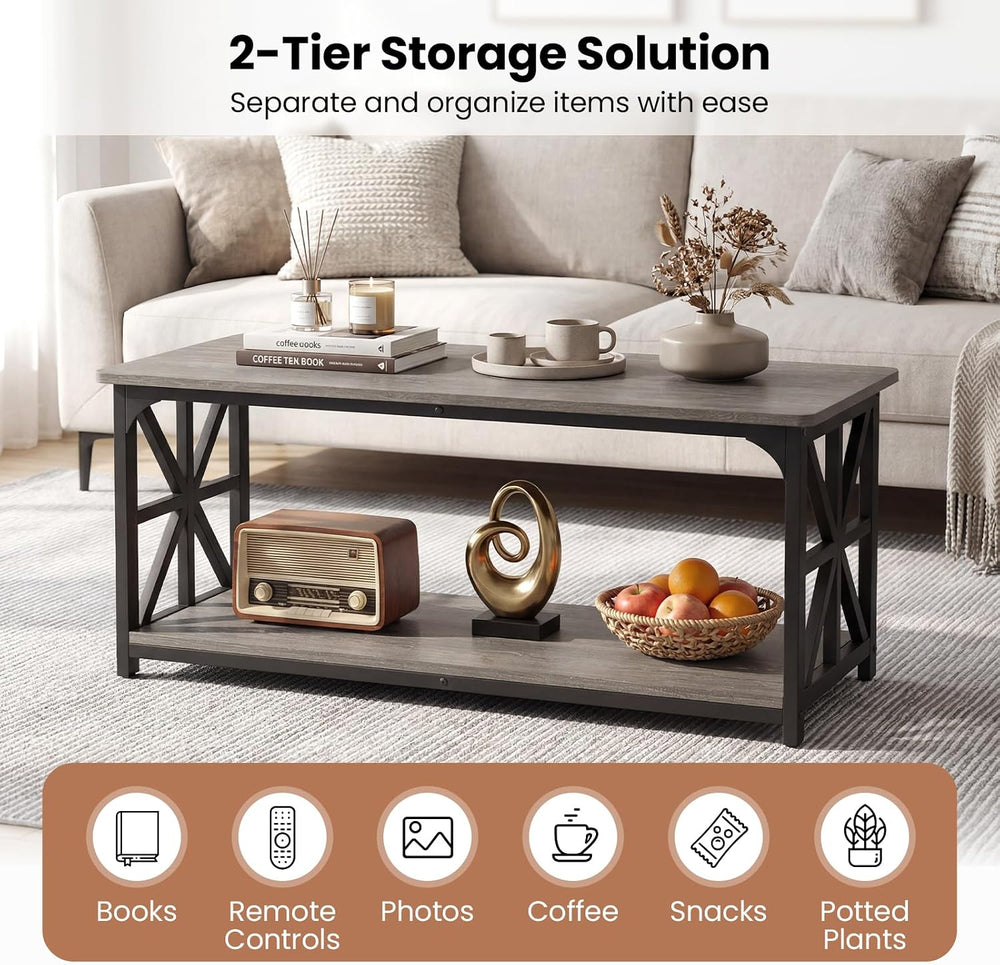 GIANTEX Farmhouse Coffee Table, 43" Center Table with Storage, Grey Oak