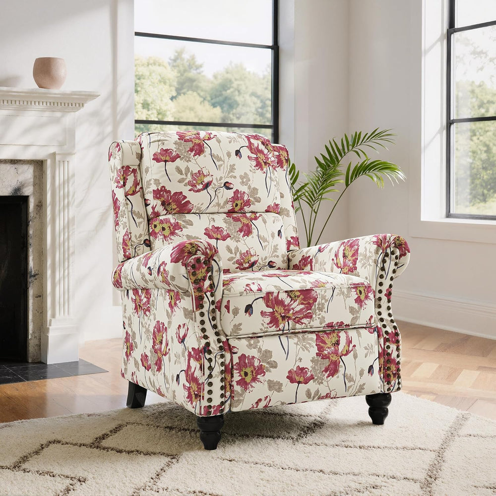 Pushback Recliner Chair, Modern Wingback Recliner, Floal Beige