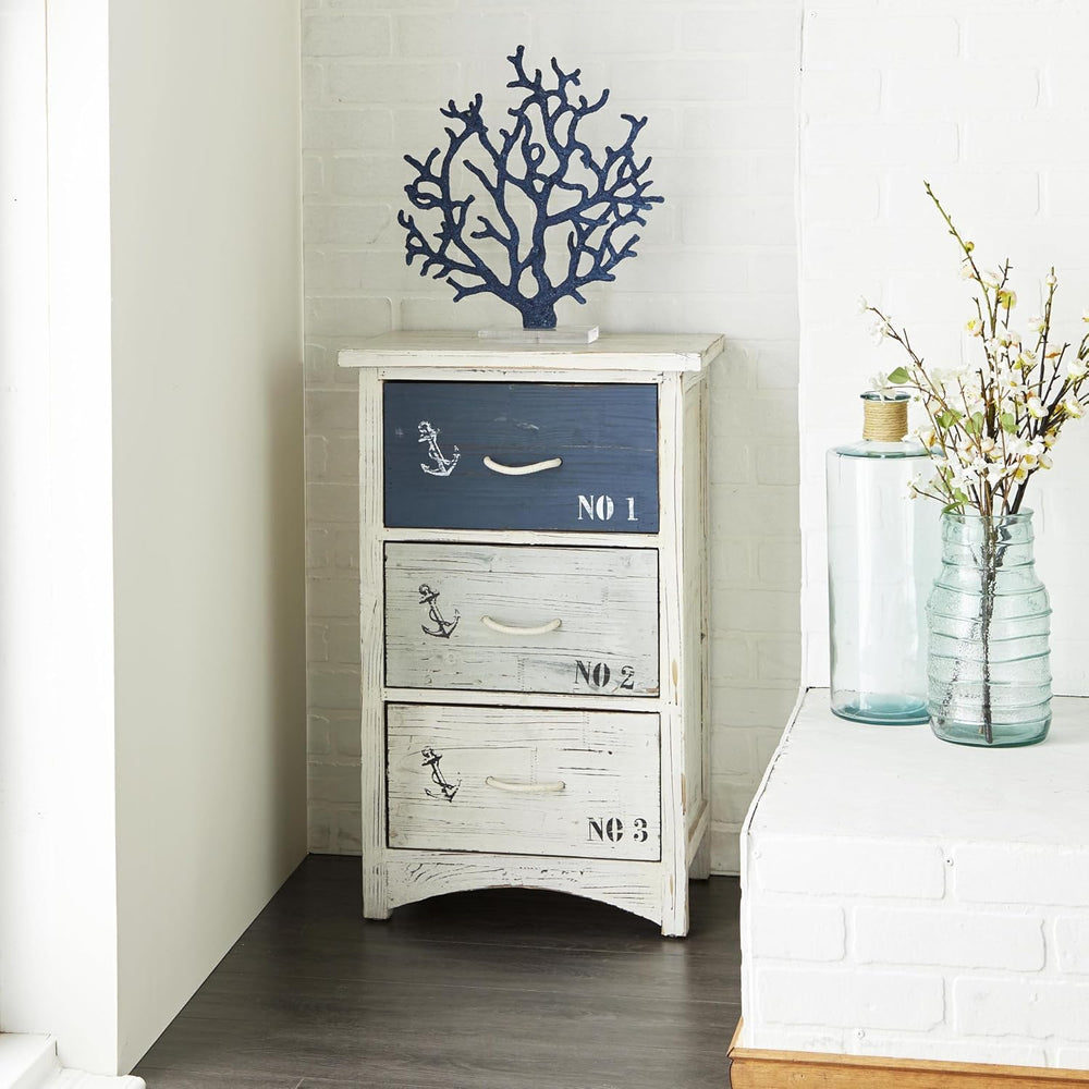 Deco 79 Wooden Anchor Room Chest Small Distressed Storage Cabinet with 3 Numb...