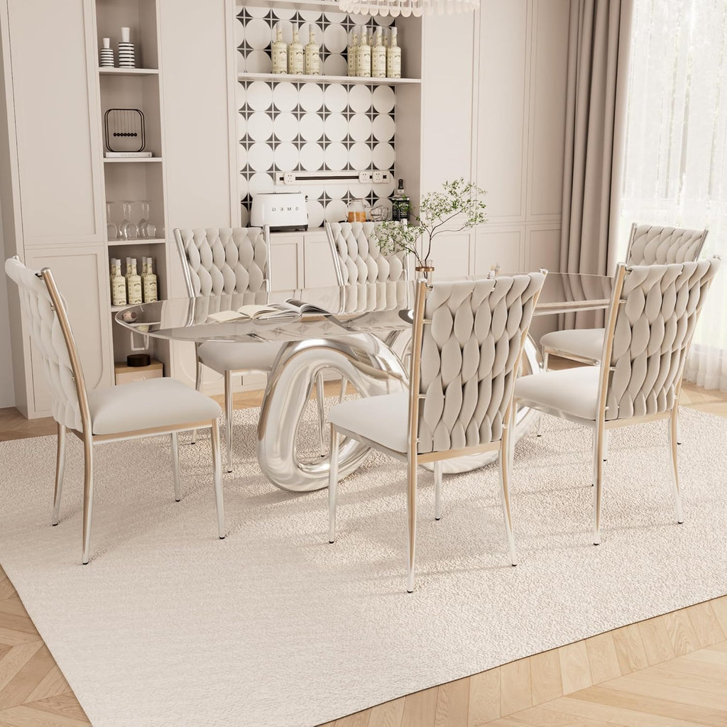 Light Grey Velvet Dining Chairs Set of 6, Modern Upholstered Kitchen Chairs