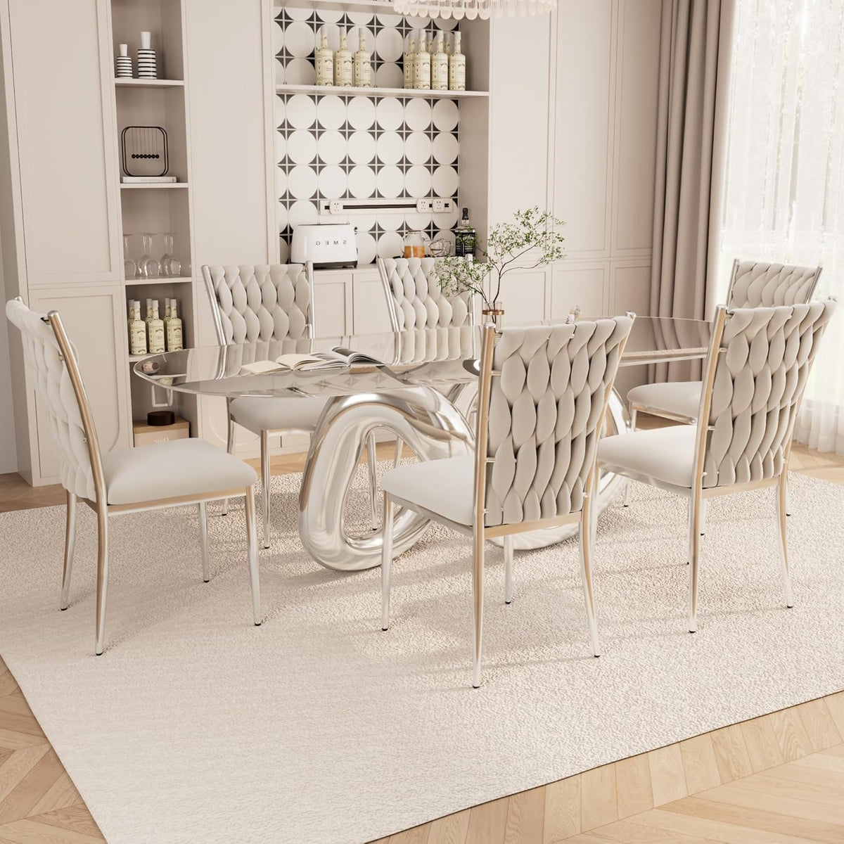Light Grey Velvet Dining Chairs Set of 6, Modern Upholstered Kitchen Chairs